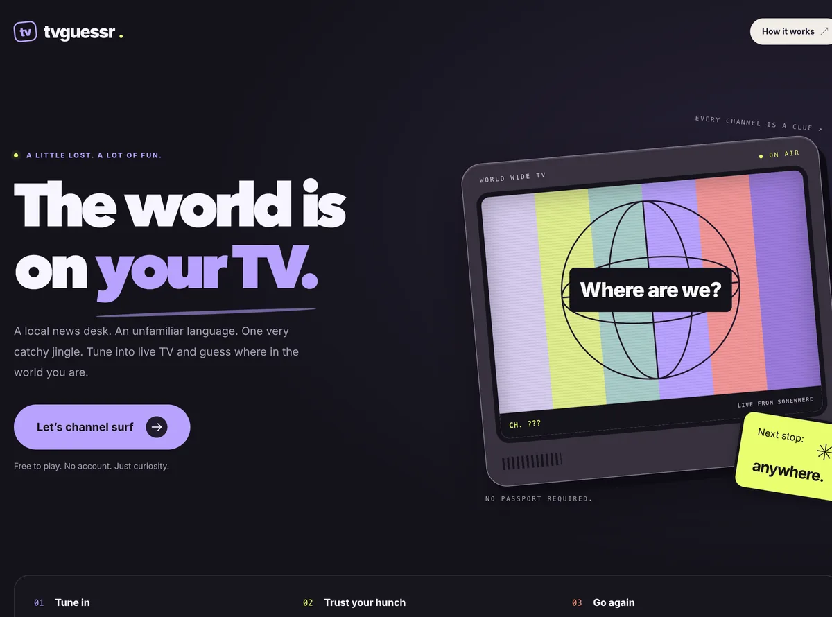 TVGuessr home screen: “The world is on your TV.”