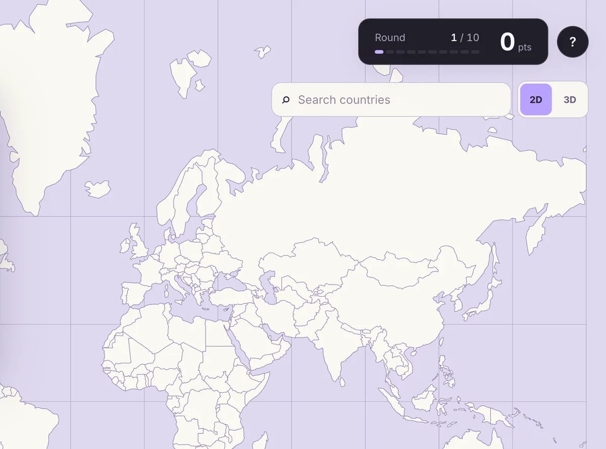 TVGuessr in play: round 1 of 10, a world map waiting for a guess